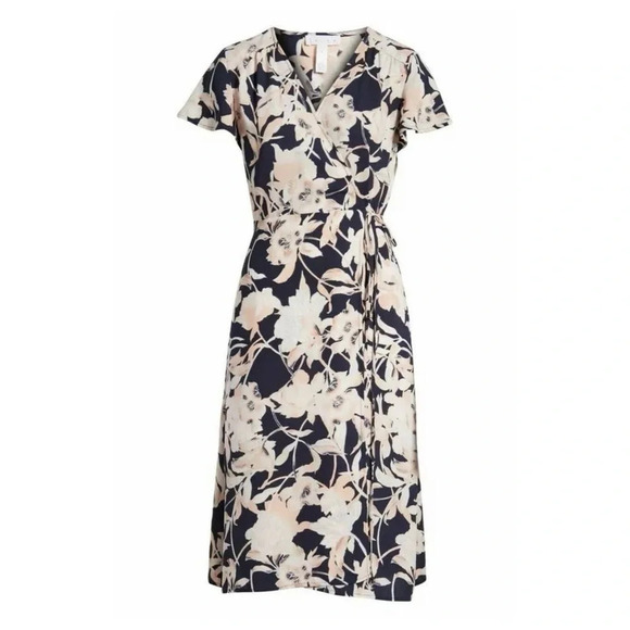 NWT Leith Nordstrom Women’s Small Floral True Wrap Dress Navy Pink Wedding Midi - Picture 1 of 6